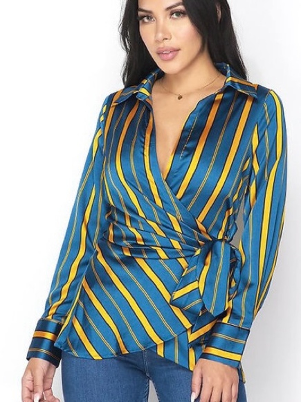 Satin Wrap Blouse with Self Tie Multi-Strip Collared Long Sleeve lightweight